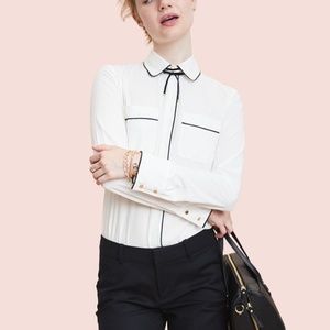 EUC White Crepe Black Piping Buttoned Blouse